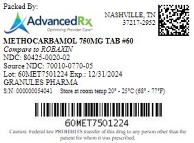 Methocarbamol 750mg Tab Qty 60 NDC 80425 0020